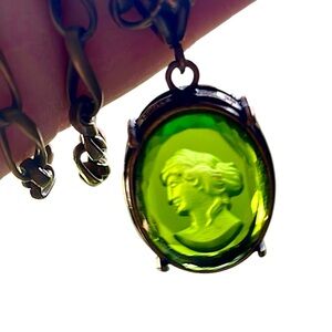 EXTASIA Handmade Italy OOAK Necklace w/ Rich Green Intaglio Glass Cameo Pendant